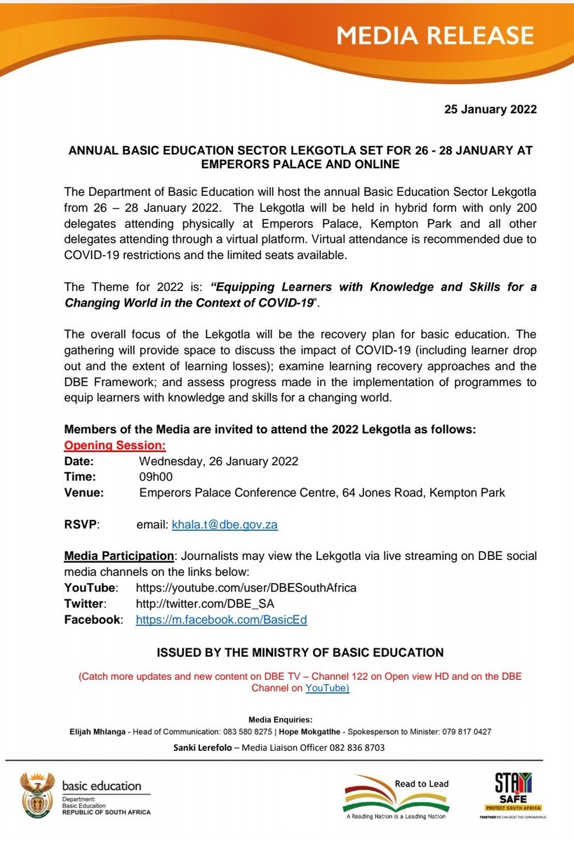 DBE_SA's tweet photo. [DBE NEWS] Annual Basic Education Sector Lekgotla set for 26-28 January at Emperors Palace and online. https://t.co/OVAG1xgu8e