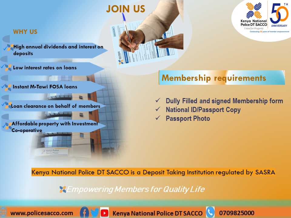 Kenya National Police DT SACCO (@police_sacco) on Twitter photo What are your Financial plans for the future? Choose a Sacco that improves your financial wellbeing. Join the Winning Team! Become a Member of <a href="/police_sacco/">Kenya National Police DT SACCO</a> & we will assist you along your investment journey. Together, we are united for prosperity
#PoliceSaccoAt50. What are your Financial plans for the future? Choose a Sacco that improves your financial wellbeing. Join the Winning Team! Become a Member of <a href="/police_sacco/">Kenya National Police DT SACCO</a> & we will assist you along your investment journey. Together, we are united for prosperity
#PoliceSaccoAt50.