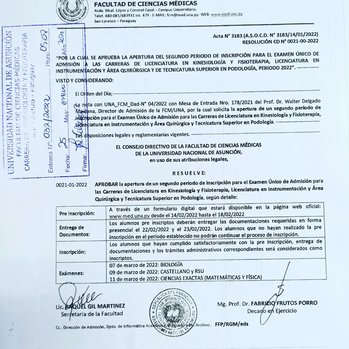 Recordamos, apertura de segundo periodo de inscripción para el exámen de admisión a la Carrera de Licenciatura en Kinesiología y Fisioterapia, FCM UNA, PERIODO 2022. LES ESPERAMOS!!