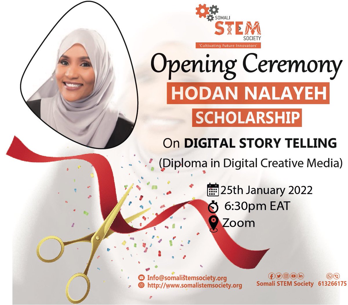 Somali STEM Society (@somalistem) on Twitter photo Don’t miss out the opening ceremony of Hodan Nalayeh Scholarship on Digital Story-Telling (Diploma in Digital Creative Media).
Tonight 25 Jan 2022 at 6:30pm EAT. Zoom: us02web.zoom.us/j/5640711581...
#DigitalStoryTellingdr sad #STEM #Youth #Tech #CreativeMedia <a href="/HodanTV/">Hodan Nalayeh</a> <a href="/IntegrationTV/">Integration TV</a> Don’t miss out the opening ceremony of Hodan Nalayeh Scholarship on Digital Story-Telling (Diploma in Digital Creative Media).
Tonight 25 Jan 2022 at 6:30pm EAT. Zoom: us02web.zoom.us/j/5640711581...
#DigitalStoryTellingdr sad #STEM #Youth #Tech #CreativeMedia <a href="/HodanTV/">Hodan Nalayeh</a> <a href="/IntegrationTV/">Integration TV</a>