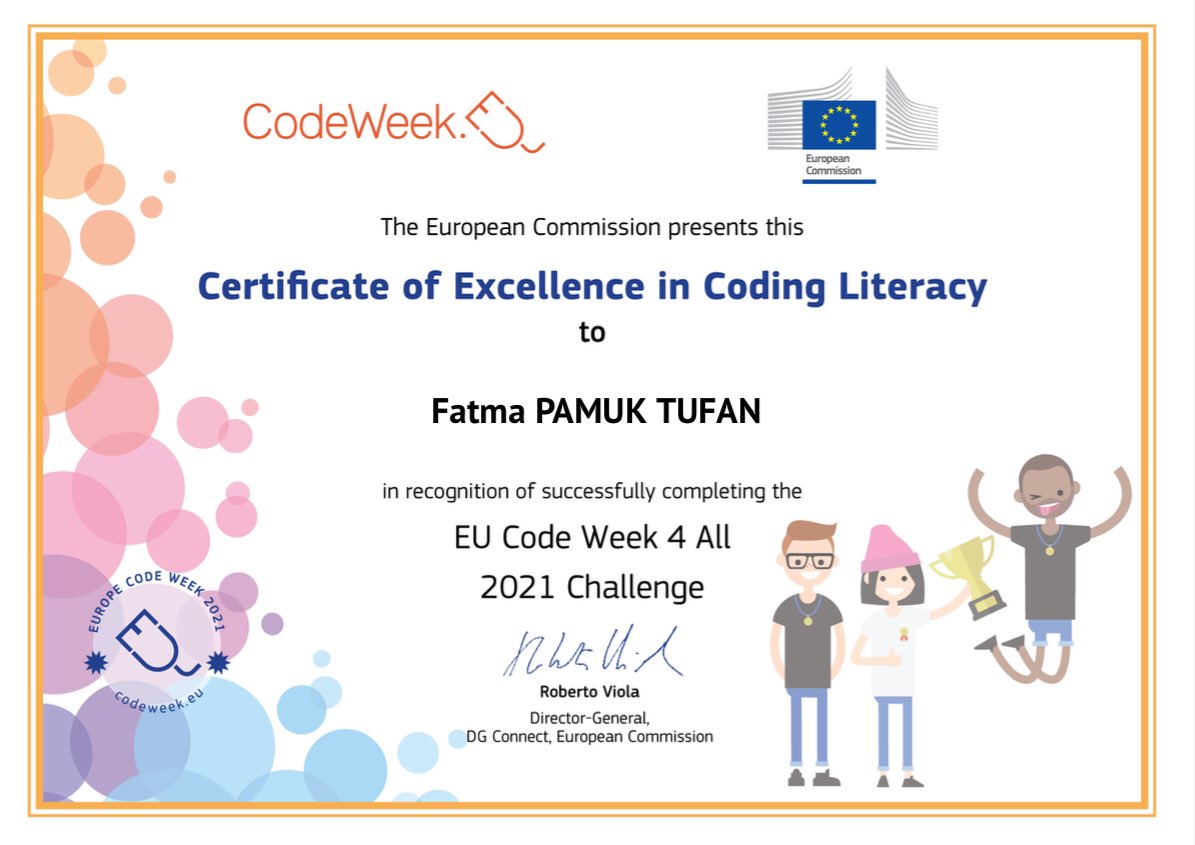 fatmapamuktufan's tweet image. #CodeWeekEu2021 Avrupa Kod Haftası Mükemmellik Sertifikamız. eTwinning projelerimizde öğrencilerle beraber yaptığımız kodlama çalışmalarıyla  mükemmeliyet sertifikası almaya hak kazandık. @Ilkokulu24 @YenisehirMEM