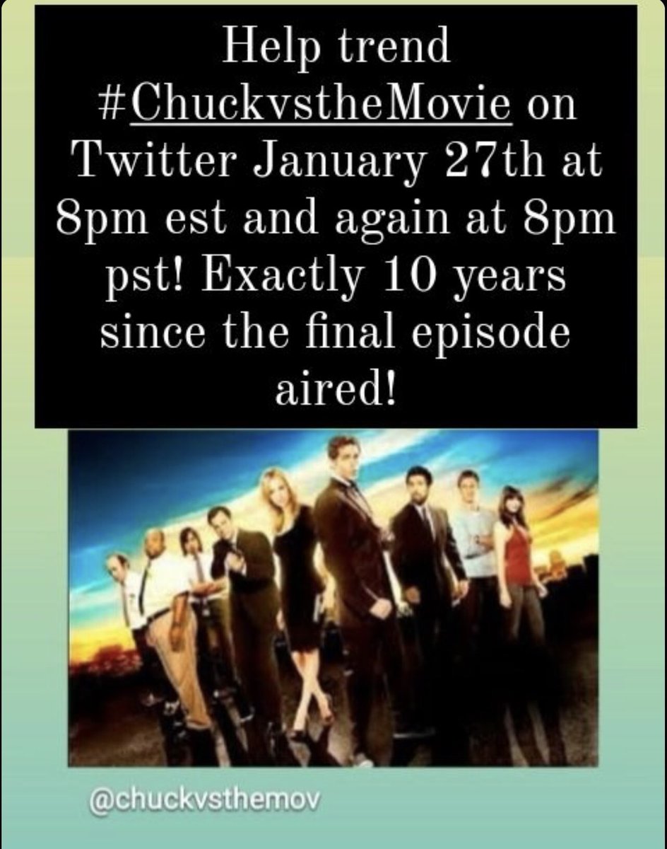 Beth53Hope's tweet photo. All you #Chucksters out there: Join in the world trending event for #Chuck! January 27, 2022👇

@ZacharyLevi @Y_Strahovski @AdamBaldwin @MarkChrLawrence @JoshuaEGomez @julialing @RyanMcPartlin @Vik__Sahay @SarahMLancaster @Scott_Krinsky @hbomax @MekennaMelvin 
#ChuckvsTheMovie https://t.co/kLFIkrsYxc