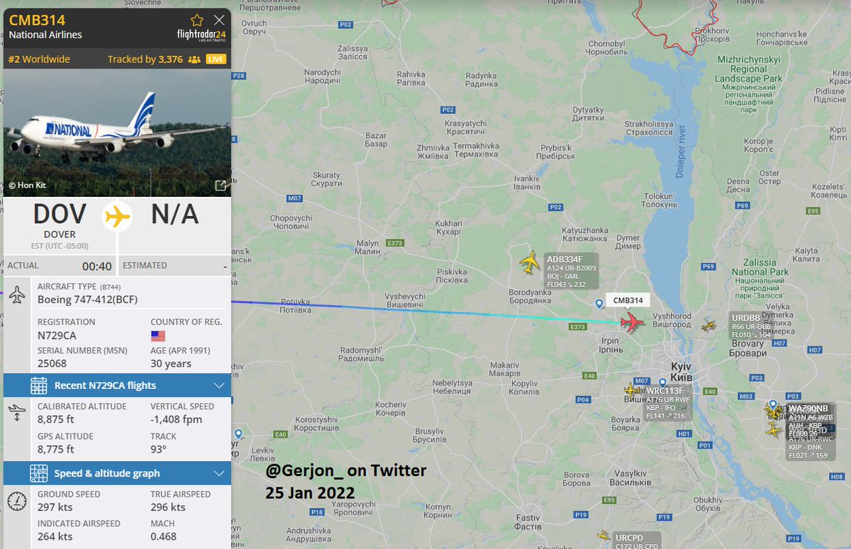 Gerjon_'s tweet photo. About to land at 🇺🇦Kyiv Boryspil Airport, Ukraine: "National Airlines" Boeing 747-412(BCF) reg. 🇺🇸N729CA as U.S. Transportation Command flight #CMB314.

I suspect this flight from 🇺🇸Dover Air Force Base in the United States is carrying 80-90 tonnes of "lethal aid" (=weaponry). https://t.co/eEh9CXkq1a