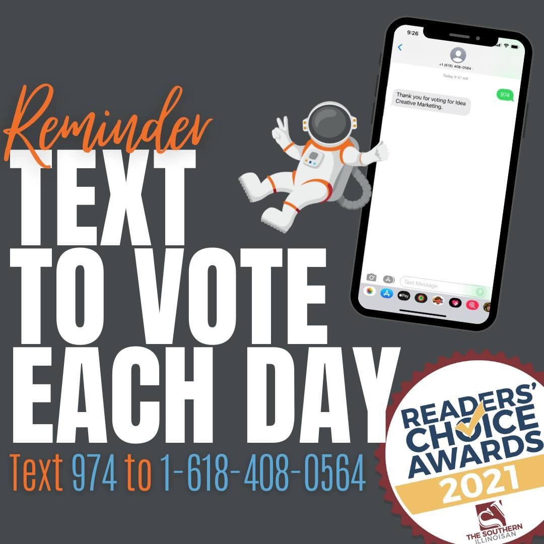 🚨 Daily reminder to text 974 to 1.618.408.0564 every day through the end of the month for Idea Creative Marketing for best marketing agency!
#READERSCHOICE #southernillinois #thesouthern #southernillinoisian