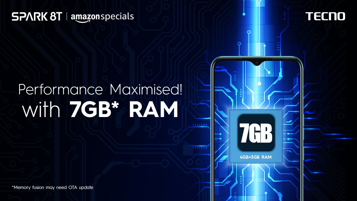 TecnoMobileInd's tweet photo. Experience More RAM, More Performance only on Spark 8T with 4GB RAM +3GB extended Virtual RAM.

Get yours at @amazonIN - https://t.co/efE9gy2l2f

#TECNO #TECNOMobiles #Spark8T #SparkOfBigDreams https://t.co/gfLJvuw7qe