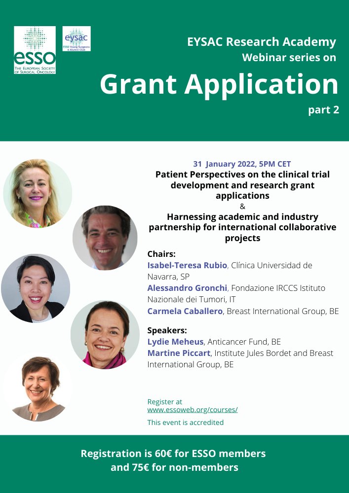 European Society of Surgical Oncology (ESSO) (@essonews) on Twitter photo The 2⃣nd part of the <a href="/EYSAC1/">EYSAC</a> Research Academy Webinar on #grantapplication ⏭️ Monday with our speakers 🗣️ <a href="/lydie_meheus/">Lydie Meheus</a> from <a href="/Anticancerfund/">Anticancer Fund</a> and Martine Piccart from <a href="/JulesBordet/">Institut Jules Bordet Instituut</a>
🗓️31 January
🔗bit.ly/3fszL2B
<a href="/Carmela_surgery/">Carmela Caballero</a> <a href="/itrisabel/">IR</a> <a href="/ClinicaNavarra/">Clínica Universidad de Navarra</a> <a href="/alegronchi/">Alessandro Gronchi</a> The 2⃣nd part of the <a href="/EYSAC1/">EYSAC</a> Research Academy Webinar on #grantapplication ⏭️ Monday with our speakers 🗣️ <a href="/lydie_meheus/">Lydie Meheus</a> from <a href="/Anticancerfund/">Anticancer Fund</a> and Martine Piccart from <a href="/JulesBordet/">Institut Jules Bordet Instituut</a>
🗓️31 January
🔗bit.ly/3fszL2B
<a href="/Carmela_surgery/">Carmela Caballero</a> <a href="/itrisabel/">IR</a> <a href="/ClinicaNavarra/">Clínica Universidad de Navarra</a> <a href="/alegronchi/">Alessandro Gronchi</a>