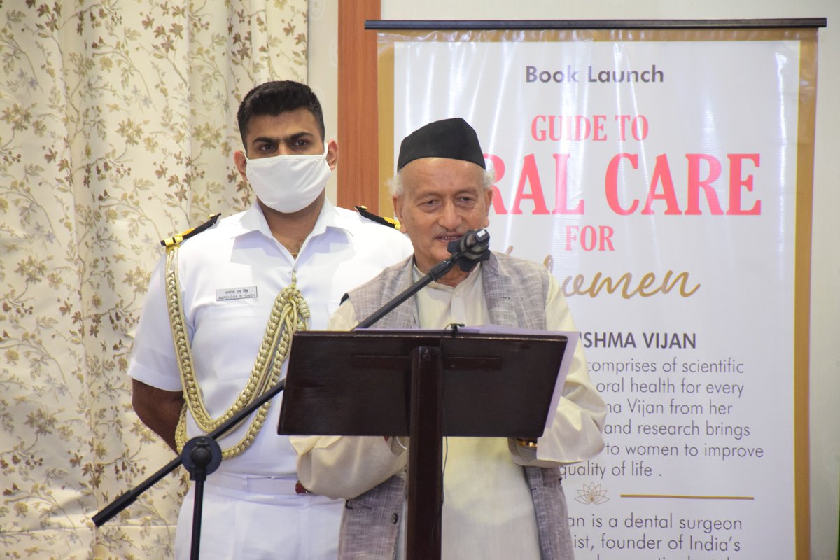 maha_governor's tweet photo. Governor Bhagat Singh Koshyari released the book 'Guide to Oral Care for Women' at Raj Bhavan, Mumbai. The book has been authored by Dr Karishma Vijan, Dental Surgeon attached to Hinduja Khar Hospital. https://t.co/kMGEAk8vuG