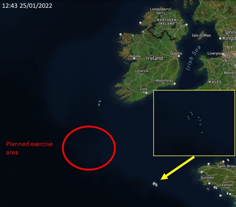 KerrysWildside's tweet photo. Right now 8 unspecified vessels are steaming northwest from France in formation towards the exercise area. Another two vessels are at the edge of the Porcupine Seabight https://t.co/ButU38C0Yd