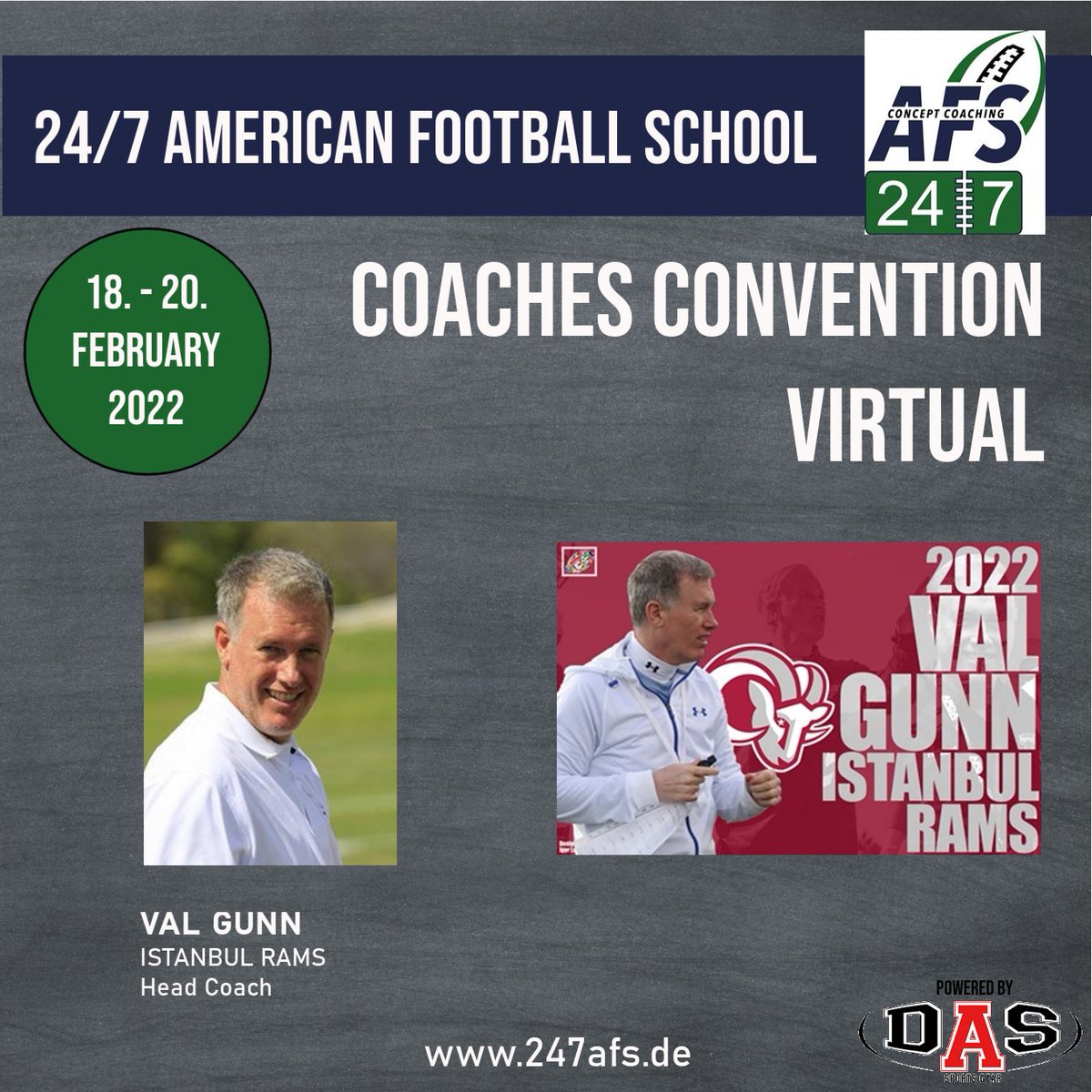 247AFS's tweet photo. SPEAKER at our virtual coaches convention - February 18 to 20 2022
Val Gunn - Istanbul Rams

#247AFS #ConceptCoaching #WhereChampionsAreMade #CoachesConvention #docasports #jamboathletic #wilsonteamsports https://t.co/UGLYmV8o8K