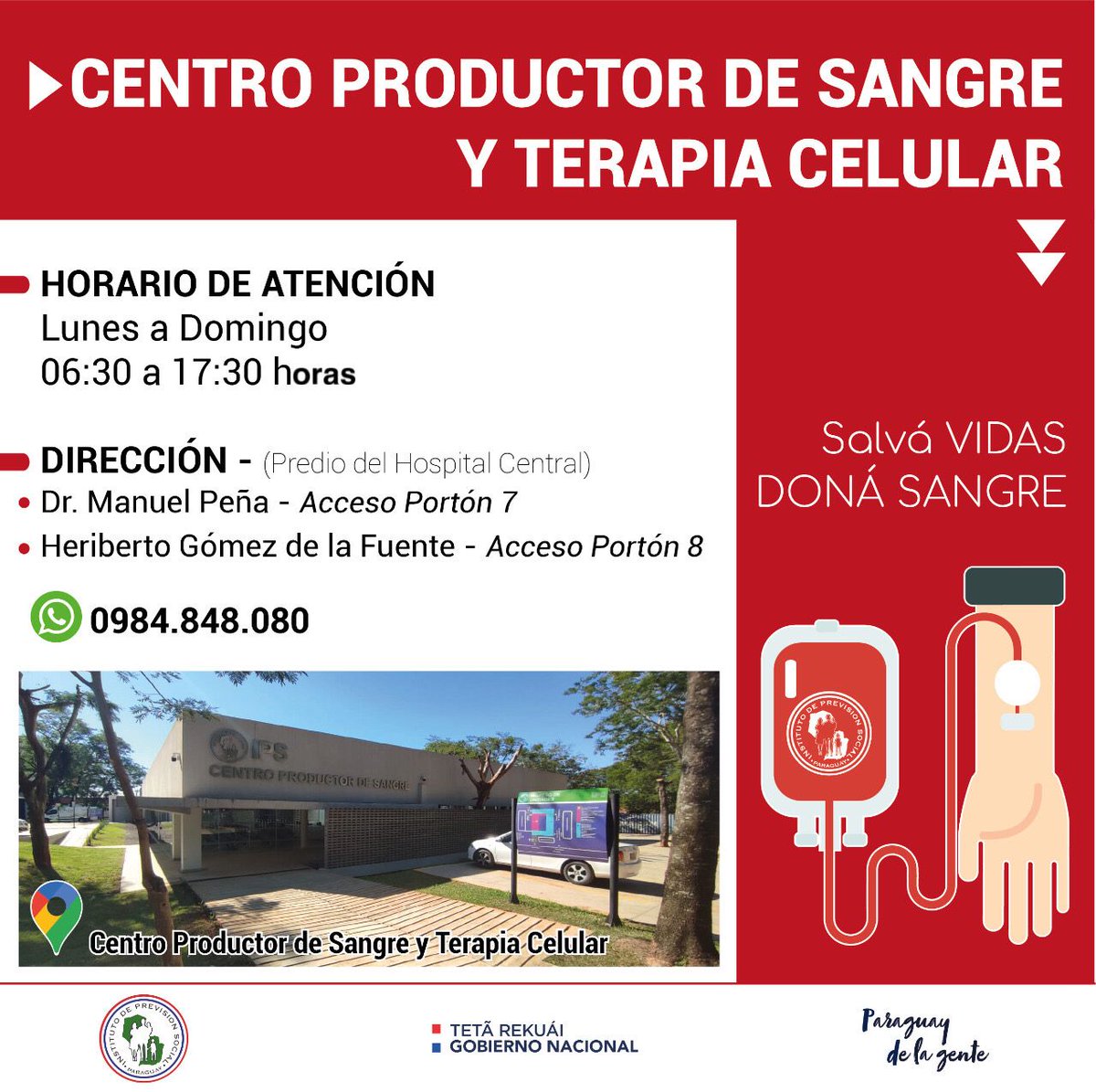 IPSParaguay's tweet photo. Donar sangre es salvar vidas, te presentamos los requisitos, recomendaciones y horarios de donación de sangre en el Hospital Central del IPS. https://t.co/Lkw0Yi8gjB