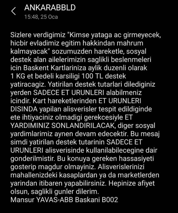 Mansur Yavaş sosyal yardım alan ailelerin et tüketmesi için Başkent Kart'lara sadece et alımında geçerli +100 TL yükledi.