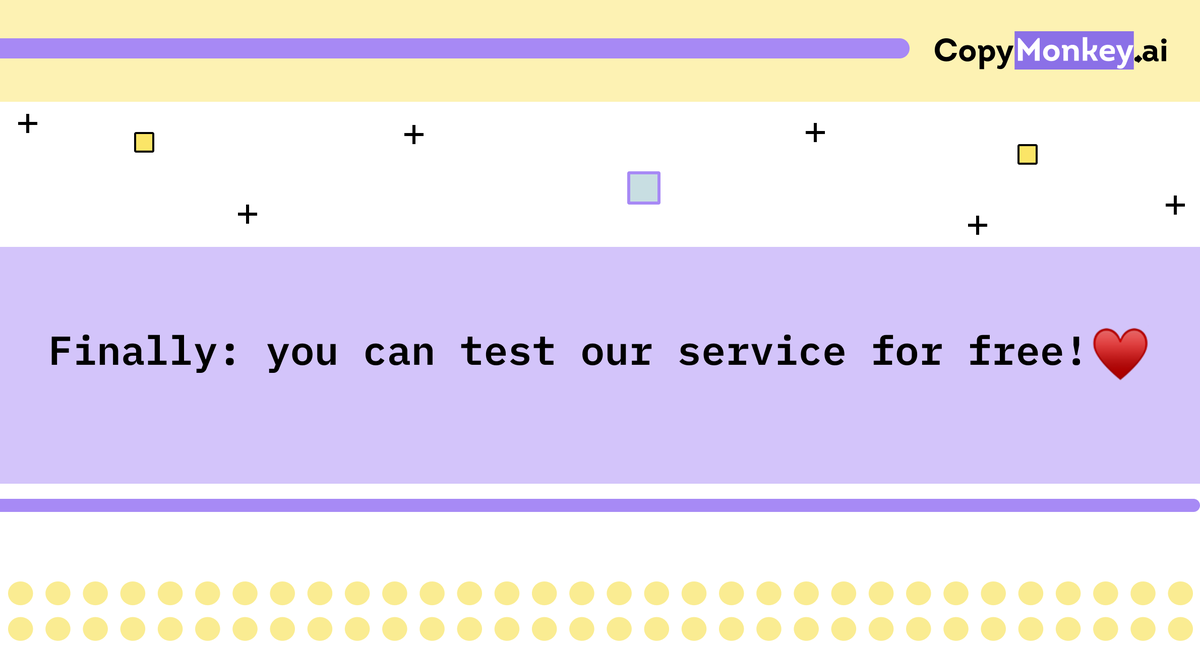 CopyMonkeyAI's tweet image. You asked - we did it! Now you can test our service completely for free and you don&apos;t even need to link a bank card 🙌
Every day you’ll get 5 free generations with our Single generator even with an inactive subscription. 
🚀 Try CopyMonkey for free today: bit.ly/3fXQdIh
