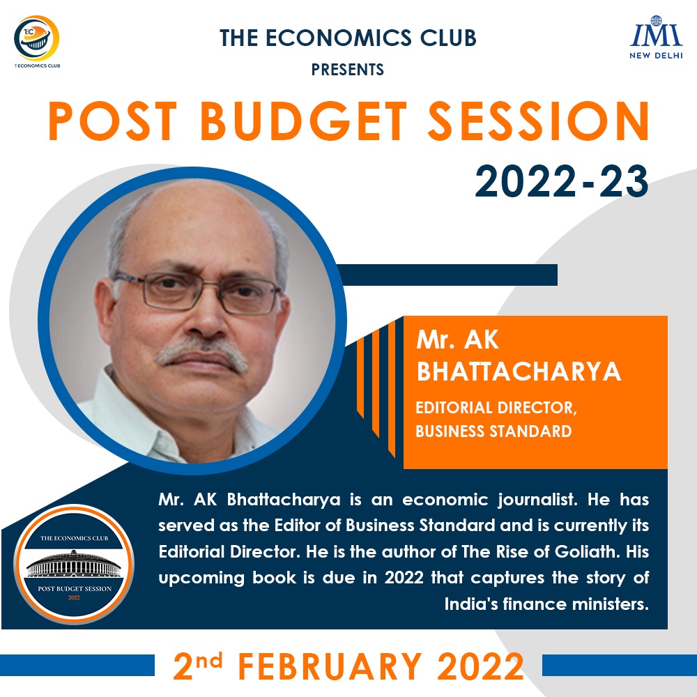 EcoClubIMI's tweet photo. We take immense pride in introducing Mr. @AshokAkaybee , Editorial Director, Business Standard, as one of the esteemed panelists for the "Post-Budget Session 2022".
#PBS22
#Postbudgetsession
#UnionBudget
#Budget
#IMINewDelhi
#EconIMI
#LifeatIMI https://t.co/HwuLJQBo4L