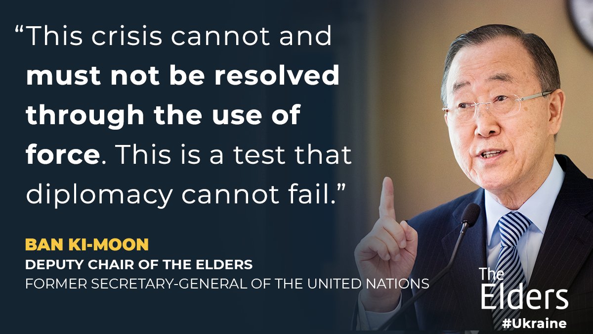 Head shot of Ban Ki-moon. Quote from Ban Ki-moon says: “This crisis cannot and must not be resolved through the use of force. This is a test that diplomacy cannot fail.”