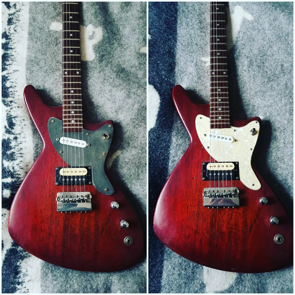 Jack_Ellis's tweet photo. Thank for the pics Steve, a before and after shot of a Cairns Stud sporting its new pearl cream pickguard that we made "the restoration has taken a big leap with a new shaped scratchplate, thanks to Tinytone" #mailorder #tinytone #custompickguardcutting # https://t.co/IwOpHckTds