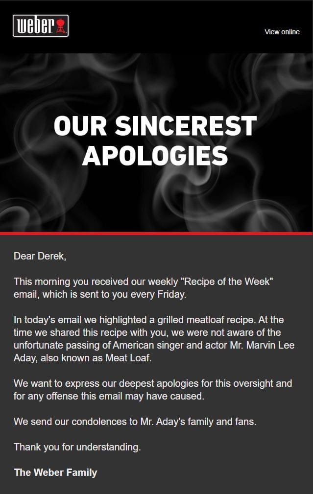 So kudos to #Weber for stepping up and admitting a marketing failure, but is it bad my biggest takeaway was “what do you mean people grill meatloafs?”