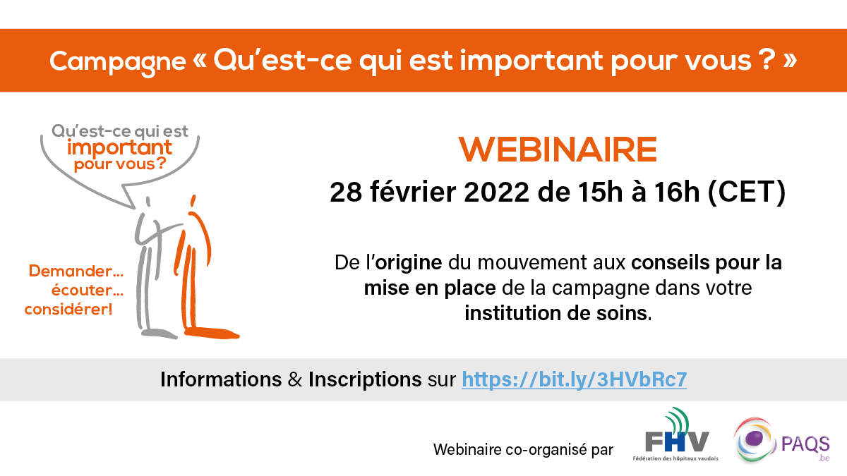 PAQSASBL's tweet photo. La PAQS et la Fédération des hôpitaux vaudois organisent un webinaire sur le mouvement « Qu’est-ce qui est important pour vous ? ». Un rendez-vous à ne pas rater !
🗓️28 février de 15h à 16h CET
➡️Infos & inscriptions : https://t.co/xgEdzlVMiv
#CIPV #IPVFHV #WMTY https://t.co/7XXJgNLenk
