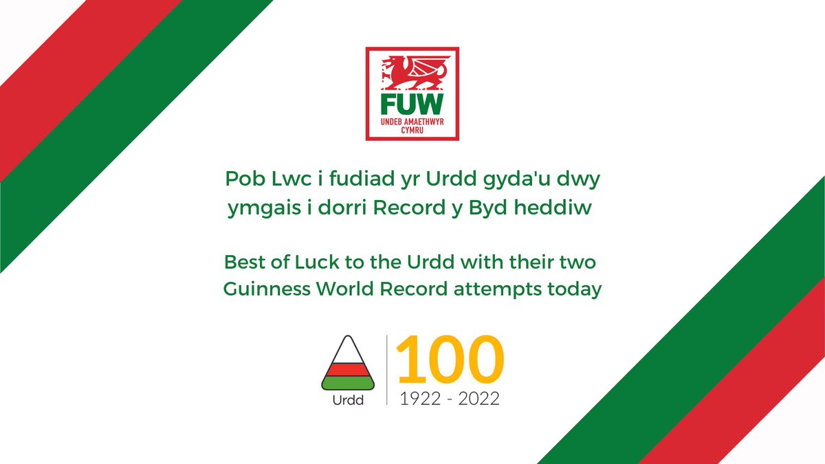 Mae UAC yn dymuno'r gorau i'r <a href="/Urdd/">Urdd Gobaith Cymru</a> heddiw gyda'u hymdrechion i dorri dwy record y byd fel rhan o'u dathliadau canmlwyddiant 

The FUW wishes the Urdd all the best today with their attempts at breaking two Guinness World Record titles 

#YmgaisRecordBydYrUrdd
<a href="/EisteddfodUrdd/">Eisteddfod yr Urdd a’r Celfyddydau</a>