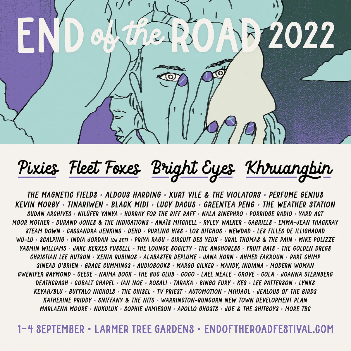 EOTR's tweet photo. We’re delighted to share the news that Fleet Foxes, @brighteyesband &amp; @Khruangbin will be joining @PIXIES at EOTR2022. Plus @TheMagFields, @AldousHarding, @perfumegenius, @TINARIWEN, @bmblackmidi, @greentea_peng &amp; many more.

Grab your tickets here: https://t.co/NquC05vck7 https://t.co/X6zVDSbjBB