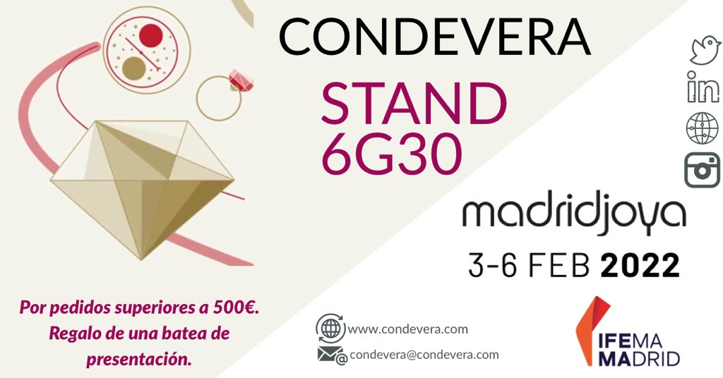 condeverasl_'s tweet photo. @madridjoya es la feria de referencia a nivel nacional en el sector de la joyería, relojería e industrias afines. 
Ya nos vimos el pasado septiembre, ¡y este año repetimos!
Os esperamos a todos del 3 al 6 de febrero nuestro stand será el pabellón 6 pasillo G número 30. https://t.co/KjO7cP5b0Q