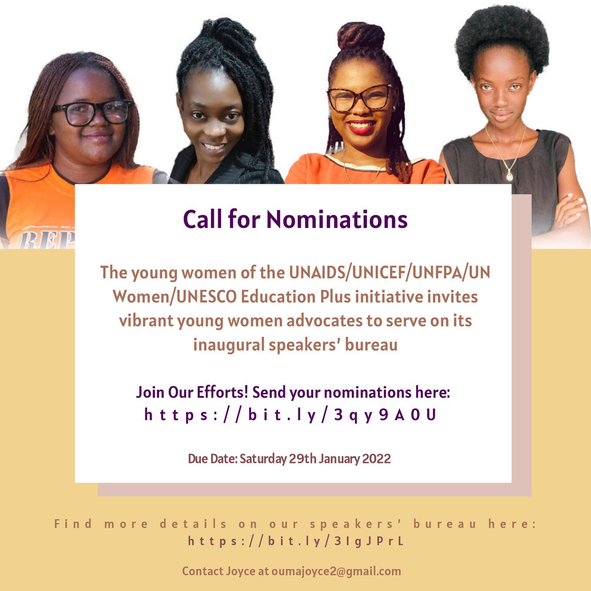Are you a young woman advocating for young women education in Sub Saharan Africa? Join the inaugural UNAIDS/UNICEF/UNFPA/UN Women/UNESCO Speakers’ Bureau! Send your nominations on this link;bit.ly/3qy9A0u
<a href="/Yplus_Global/">Y+ Global</a> <a href="/NetworkAthena/">ATHENA Network</a> <a href="/D_Moraa/">Yes I Have HIV</a> <a href="/fahe_k/">Fahe ✨</a>
