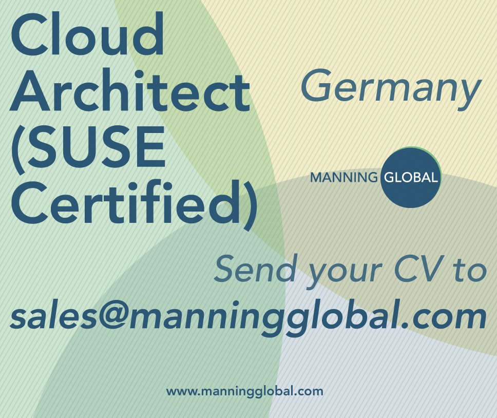 New #job in #Germany! 🇩🇪 

Our client, a leading global #IT company, is recruiting for a CLOUD ARCHITECT (SUSE CERTIFIED)! 

Send your CV to sales@manningglobal.com

#Electronics #Cloud #Architect #SUSE #Microservices #Kubernetes #ONAP #Agile #SCRUM #SAFe #ICT #ManningGlobal