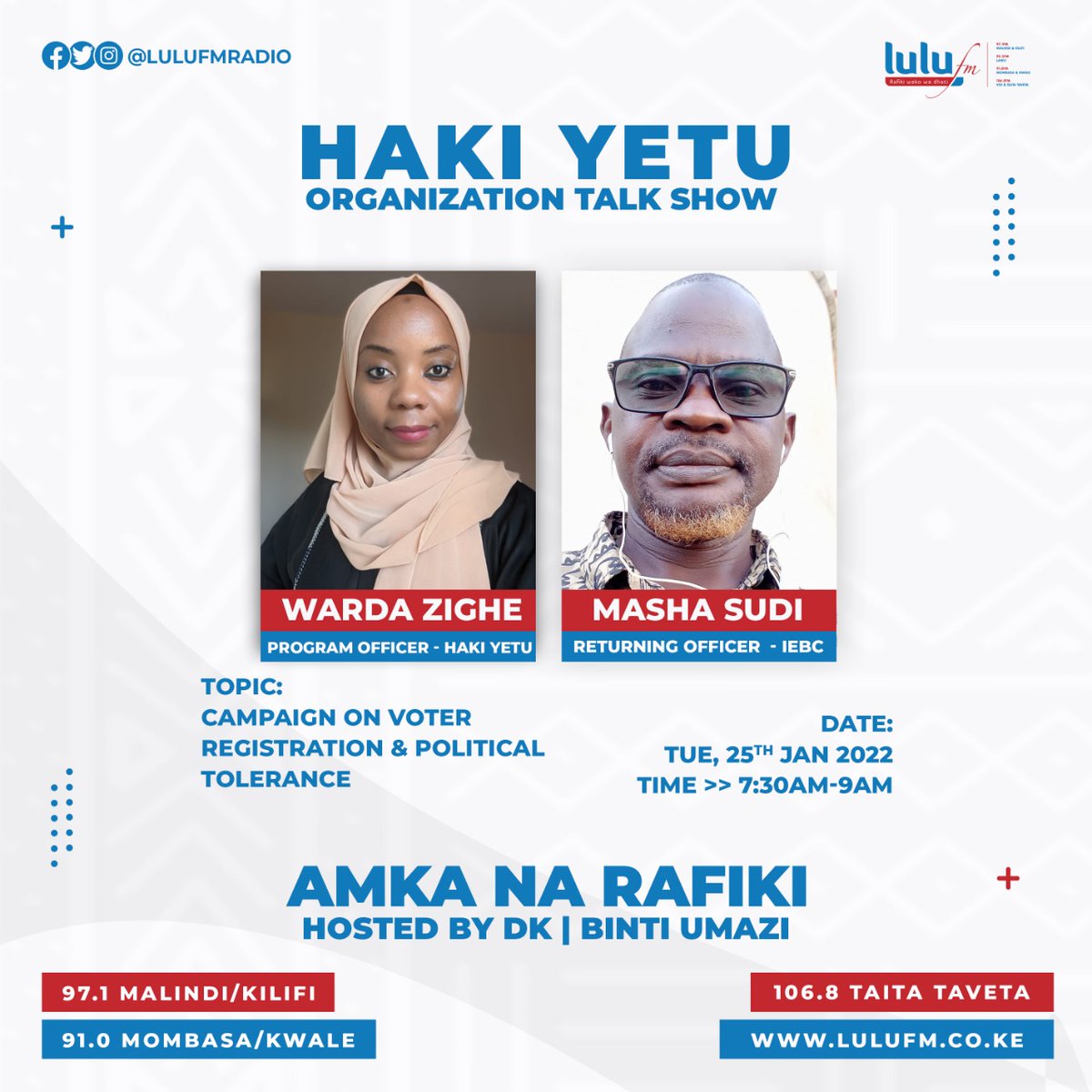 <a href="/HakiYetuOrg/">Haki Yetu</a>'s <a href="/ZigheWarda/">Warda zighe</a> was earlier today at <a href="/lulufmradio/">LULU FM RADIO</a> with <a href="/IEBCKenya/">IEBC</a> Masha Sudi of Malindi to discuss #VoterRegistration in @KilifiCountyKE and the Country at large.
#husikausikike
#mulikakura