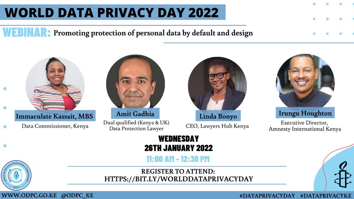 AmnestyKenya's tweet photo. We hope you’ve cleared your schedule tomorrow from 11 AM to 12:30 PM!  You don’t want to miss this webinar with @ODPC_KE @ikassait, Amit Gadhia, @BonyoLinda, and our ED @irunguhoughton on promoting the protection of personal data in 🇰🇪! Register 👇🏿
 https://t.co/XETVsebL46 https://t.co/ftNJ7sMgyd