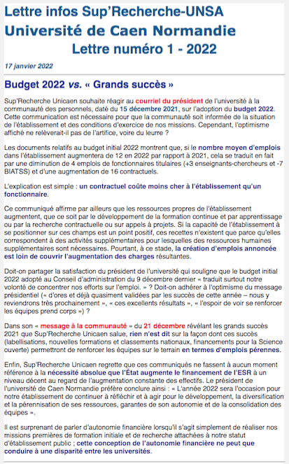 Lettre n°1/2022 : Budget 2022 vs. "Grands succès" <a href="/Universite_Caen/">Université de Caen Normandie</a> #université #Caen