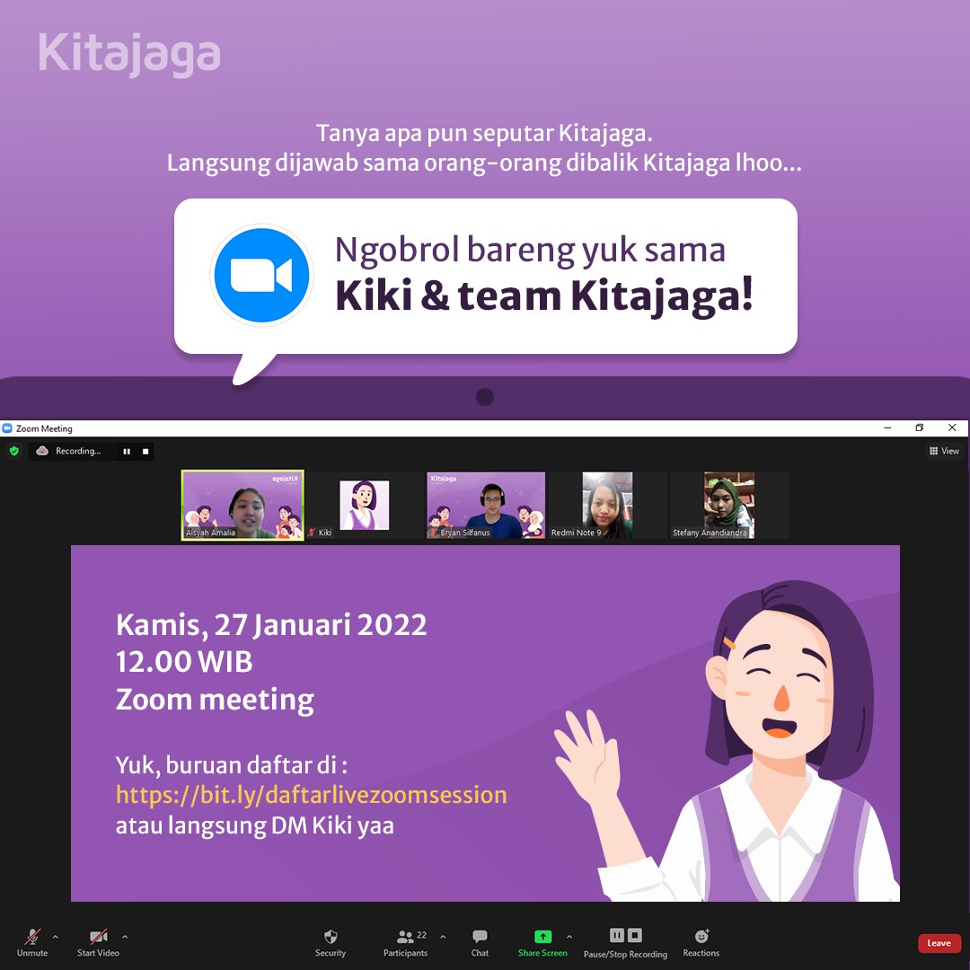 kitajaga_id's tweet photo. Hai temen-temen!
Kiki mau ajak kalian ngobrol bareng nih sama team Kitajaga melalui zoom 🤗

Nanti kalian bisa tanya apapun seputar Kitajaga dan akan dijawab langsung sama team Kitajaga 🤗

Yuk,langsung daftar ke https://t.co/LXIW4XtLGl atau bisa langsung DM ke Kiki ya🤗 https://t.co/QsVb6XYF5l