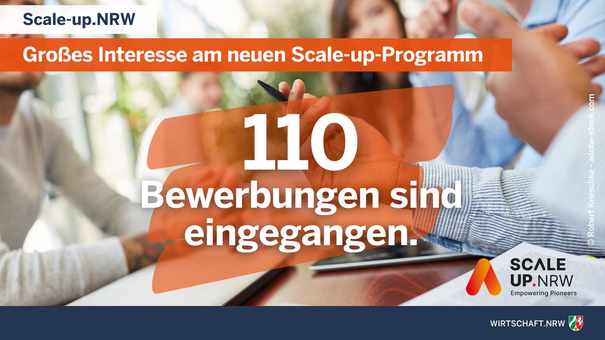 Das Interesse am neuen Landesprogramm @scaleup_nrw ist groß: 110 Bewerbung sind eingegangen. Min. <a href="/a_pinkwart/">Andreas Pinkwart</a>: "Das Scale-up-Programm hat einen Nerv getroffen. Mit passgenauen Angeboten unterstützen wir ausgewählte Start-ups bei der Skalierung." Infos 👉wirtschaft.nrw/pressemitteilu…
