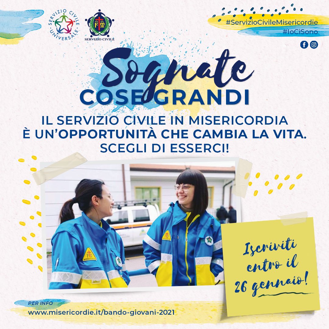 misericordie1's tweet photo. 🟡🔵 IN SCADENZA il bando Servizio Civile nelle #Misericordie: c’è tempo fino al 26 gennaioLe Misericordie aprono le porte ai giovani dai 18 ai 28 anni pronti a donare parte del proprio tempo per mettersi a servizio degli altri.Scopri tutto e aderisci 👉 https://t.co/NOXy14uNXb https://t.co/0qjjmzW38h