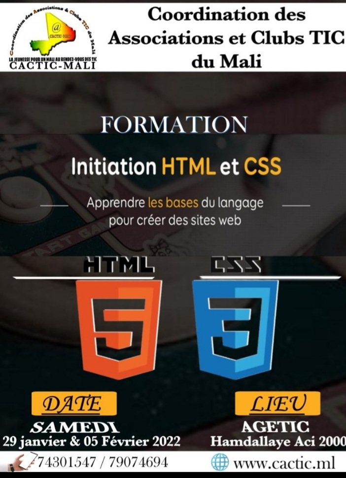 *#Info d'activité* 
 pour les *Samedis 29 janvier &amp; 05 Février 2022* de *09h – 16h00* à *l’AGETIC*. Frais de participation : 3 000 FCFA.Cibles :_Elèves, Etudiants &amp; Professionnels_
NB:* les  places sont limitées.
 Inscrivez-vous via le lien ci-dessous:
forms.gle/8QK74EQK9jRM67…
