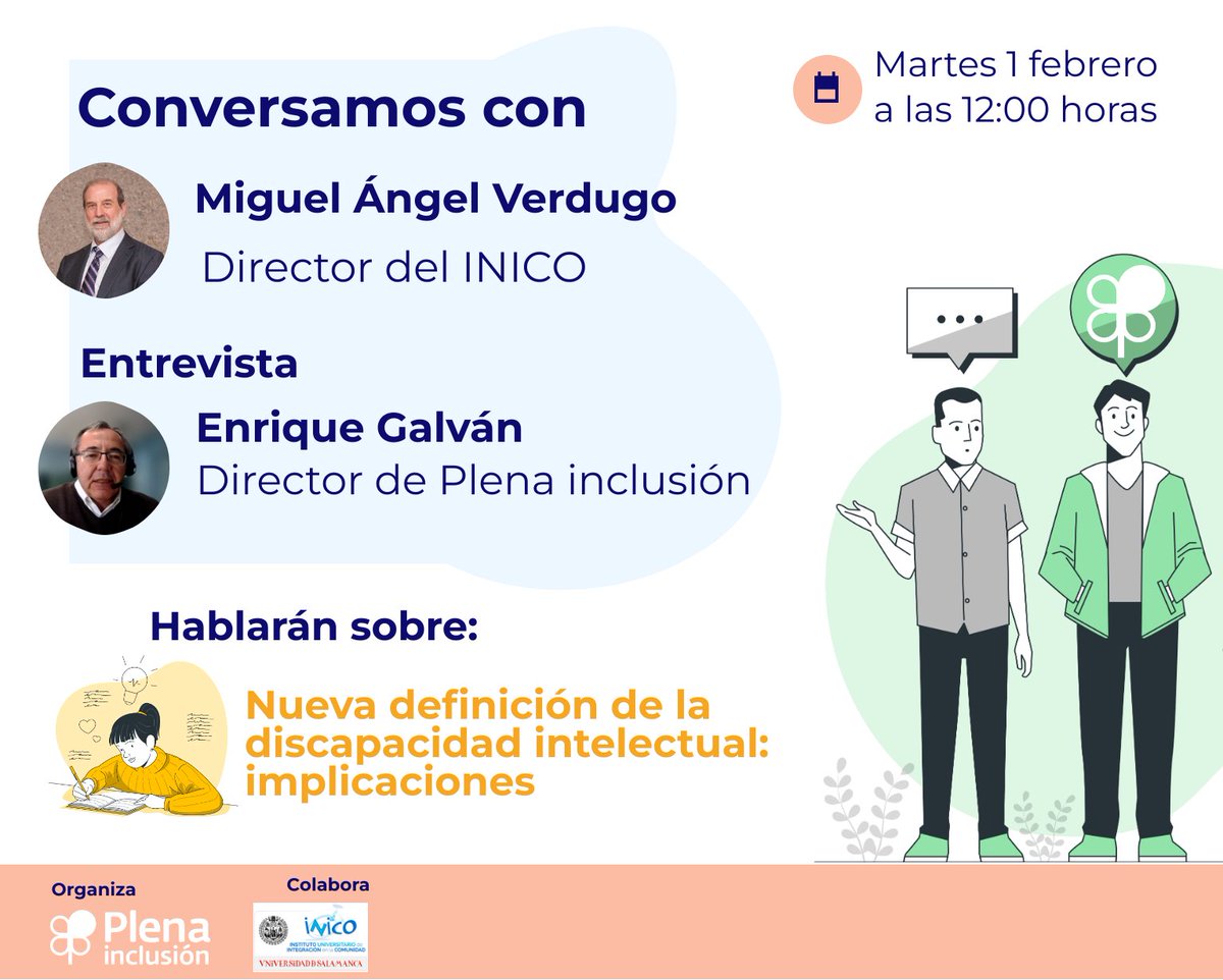 Llega un momento histórico: nueva definición de la #discapacidadintelectual

🗣️En "Conversamos con", nuestro director <a href="/Egalvanlt/">Enrique Galván Lamet</a> charlará con Miguel Ángel Verdugo de <a href="/INICO_usal/">INICO</a> sobre sus implicaciones

🗓️Martes 1 de febrero a las 12 horas

⬇️Inscríbete
plenainclusion.org/agenda/archivo…