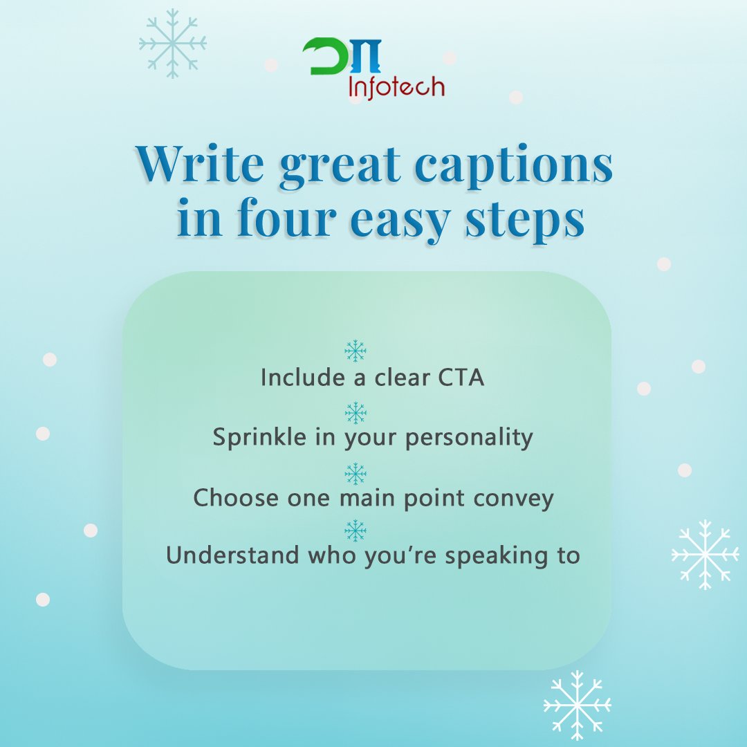 DPIInfotech's tweet photo. We bring you a perfect #recipe for writing concise, actionable, and unique #captions.
𝐒𝐭𝐞𝐩 𝟏: Understand the purpose of the post.
⁠⁠𝐒𝐭𝐞𝐩 𝟐: Understand your #audience.
𝐒𝐭𝐞𝐩 𝟑: Keep it simple.
𝐒𝐭𝐞𝐩 𝟒: Add your unique touch.
#dpiinfotech #digitalmarketing https://t.co/gaA5dmFkVz