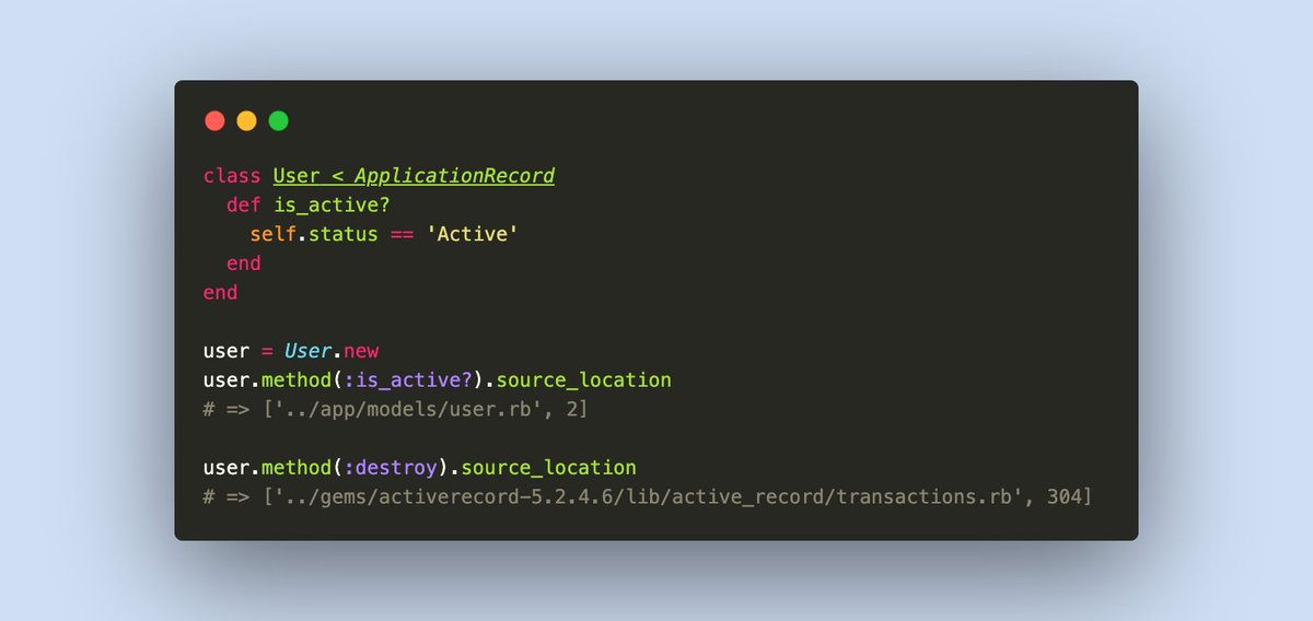farz_bhullar's tweet image. Do you know you can get location of any method by using source_location method?
(useful for debugging + learning purposes)

#rubyonrails #rubydeveloper #rubyonrailsdeveloper #programming
