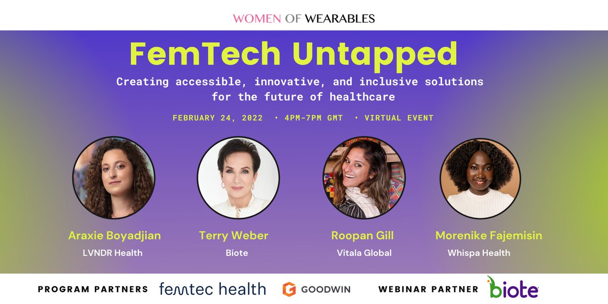 Women_Wearables's tweet photo. It's finally here! 🔥
Join us on February 24 for a virtual live event and launch of our FEMTECH UNTAPPED program w/ @lvndrhealth @WhispaHealth @VitalaGlobal #BioteMedical 
Powered by #FemTecHealth @goodwinlaw #BioteMedical 
#femtech #womenshealth #events 
https://t.co/92Q6ULeBMc https://t.co/XwGsrrQUSw