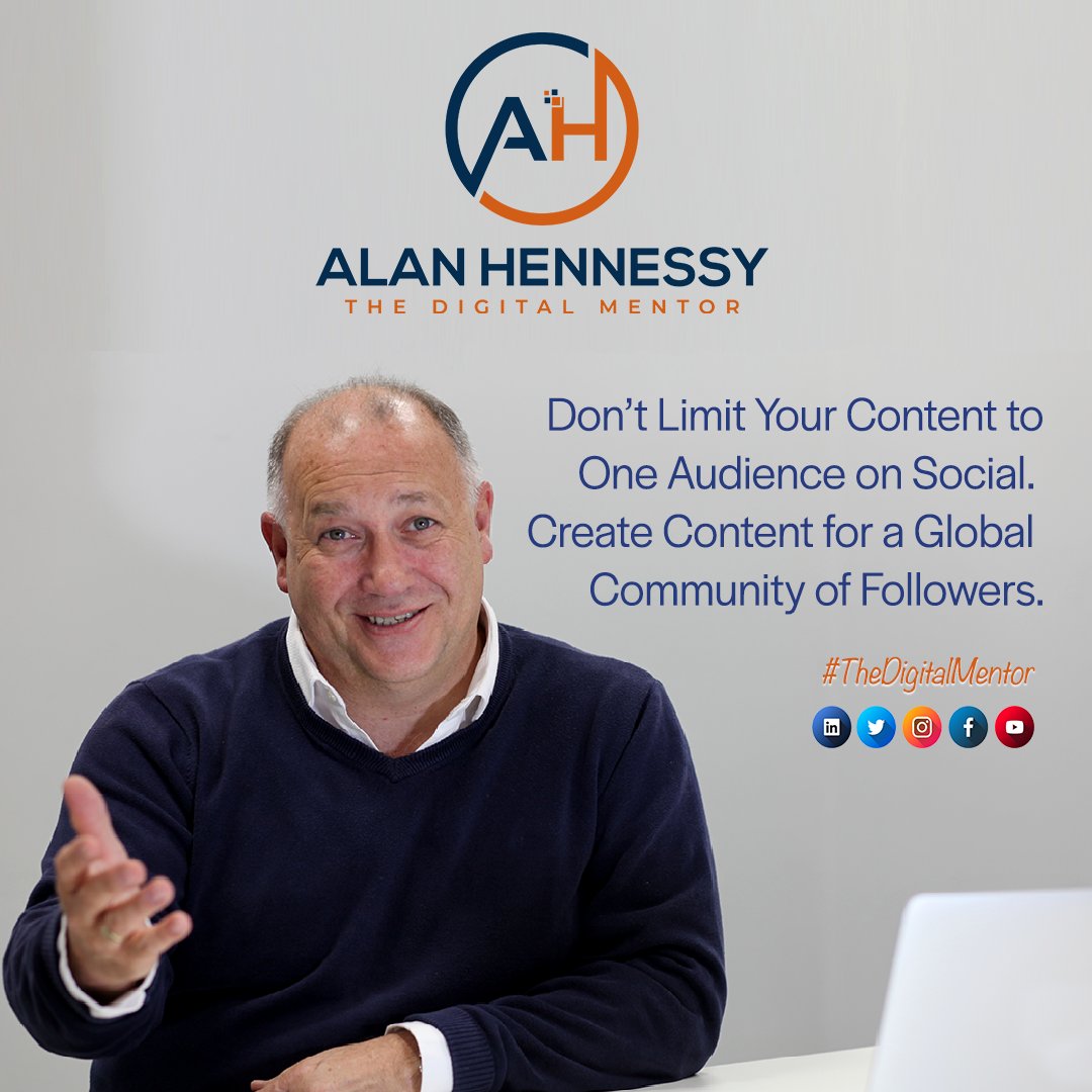 'Don't Limit Your Content to One Audience on Social. Create Content for a Global Community of Followers'
Alan Hennessy.
Digital Mentorship Built on Knowledge and Trust.
Contact Alan for more details. 
#TheDigitalMentor #DigitalMentorship #Marketing #PersonalBranding