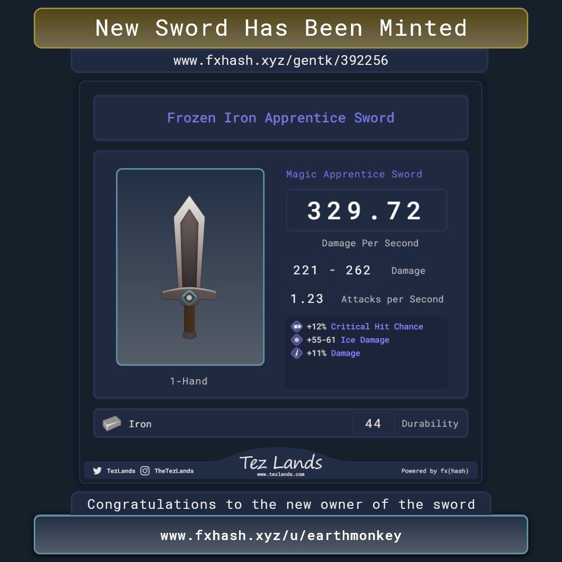 TezLands's tweet photo. New Sword has been minted!

🔗 https://t.co/uCqYxD8Krl

Congratulations to:
🔹 https://t.co/z7UNEtes1l

Despite being made of Iron, it has high base stats and 3 Magic Props - totaling 330 DPS. Impressive!

#tezos #fxhash #cardgame #generative #game #gamedev #indiedev #Cryptogame https://t.co/RSoCUPKURW