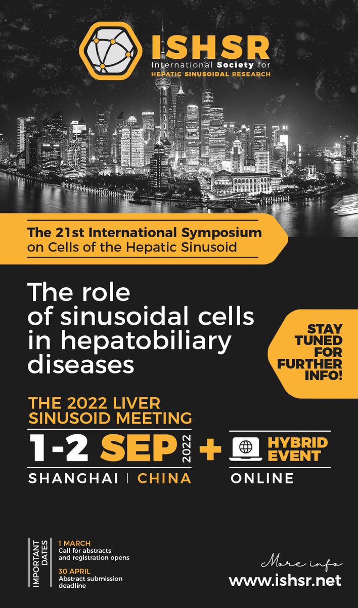 The ISHSR Council is pleased to announce the 2022 Liver Sinusoid Meeting - 21st Symposium of the Society, as hybrid event. 

🗓 1-2 September
📍 Shanghai
💻 Online experience

Dear #liverlovers and #sinusoidlovers, please save the date and start preparing your abstracts!