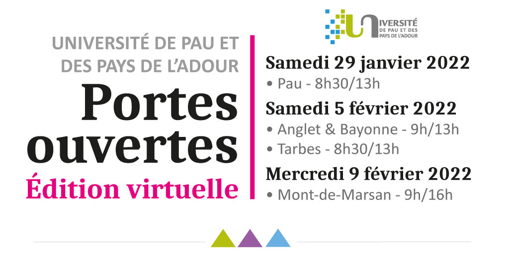 #PortesOuvertes 2022 à l'UPPA : édition virtuelle

📅 RDV Samedi 29 janvier de 8h30 à 13h pour échanger avec des enseignants et des étudiants sur la vie universitaire et les formations du campus de #Pau.

Programme 👉ow.ly/wbvq50HCag5

#PortesOuvertesUPPA