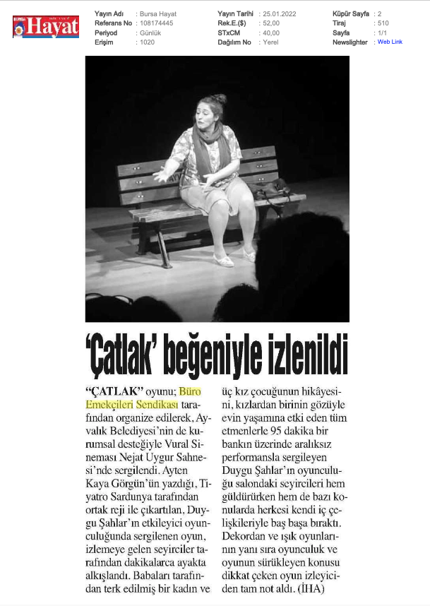 BES_Gnl_Mrk's tweet photo. Basında BES...
Balıkesir Şubemiz tarafından organize edilen tiyatro etkinliği basında yer aldı👇
Ayvalık Nejat Uygur Sahnesinde sergilenen ve Ayten Kaya Görgün'ün yazdığı "Çatlak" büyük beğeniyle izlendi... https://t.co/kd6dhY1p53