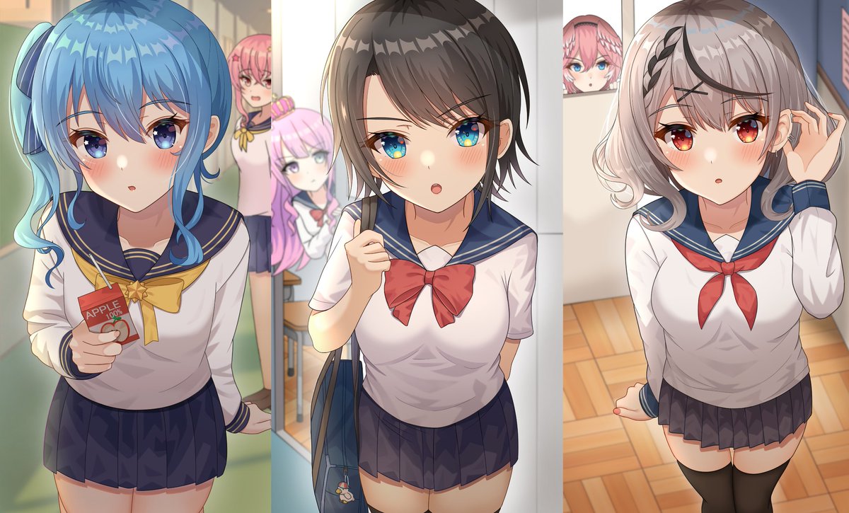 hoshimachi suisei ,oozora subaru ,sakamata chloe ,takane lui multiple girls school uniform pink hair skirt thighhighs blue eyes black hair  illustration images