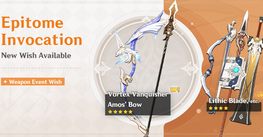 G8_Genshin's tweet photo. The new #EpitomeInvocation banner is here as well~
Pull on this banner for a chance at the #VortexVanquisher polearm or the #AmosBow! Also on rate-up are 4-star weapons; #LithicBlade, #FavoniusSword, #DragonsBane, #FavoniusCodex and #SacrificialBow βοΈπΉπ
#GenshinImpact #Game8 https://t.co/teATAVKOSC
