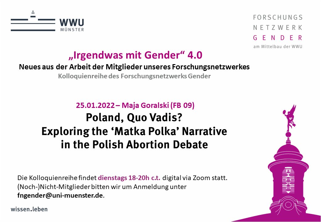 fngenderwwu's tweet photo. Reminder: Heute um 18 Uhr ist mit Maja Goralski der zweite Vortrag unserer Kolloquienreihe dran. https://t.co/Isi2n3ba3E