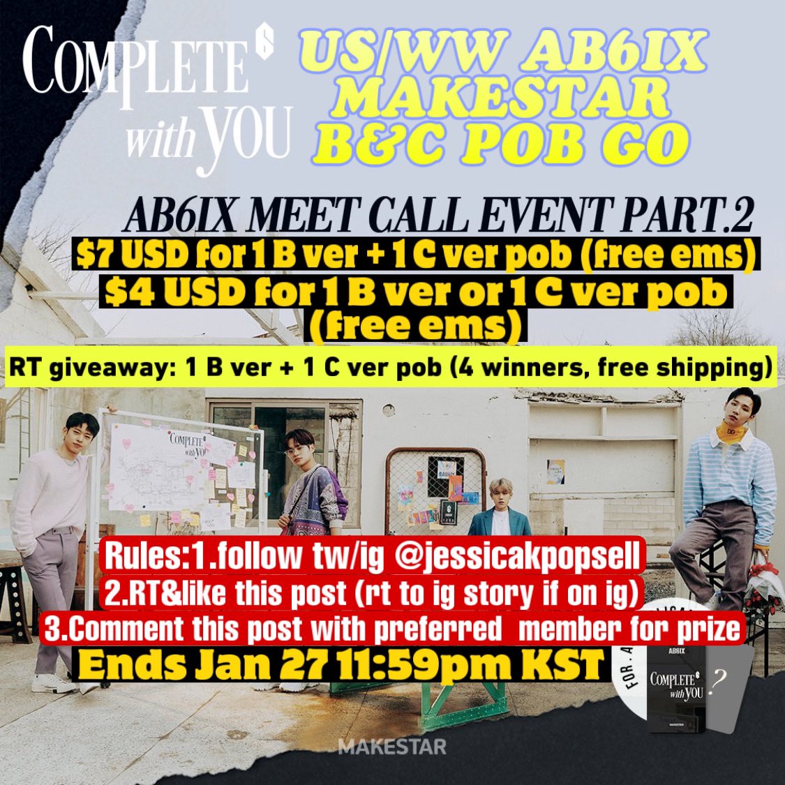 Jessicakpopsell's tweet photo. 🇺🇸US/WW GO for #ab6ix special album complete with you makestar B&amp;C ver photocard/pob claim
🎁1st payment:$4 per B or C ver pob/$7 per set (B+C ver. Pob)
📋 https://t.co/Xu8uWGuiDO 
RT giveaway kpop GA event 
#woong #donghyun #woojin #daehwi #wts #ab6ixgo #wtsab6ix #sell #ab6ixwts https://t.co/kMjRH4ASVk