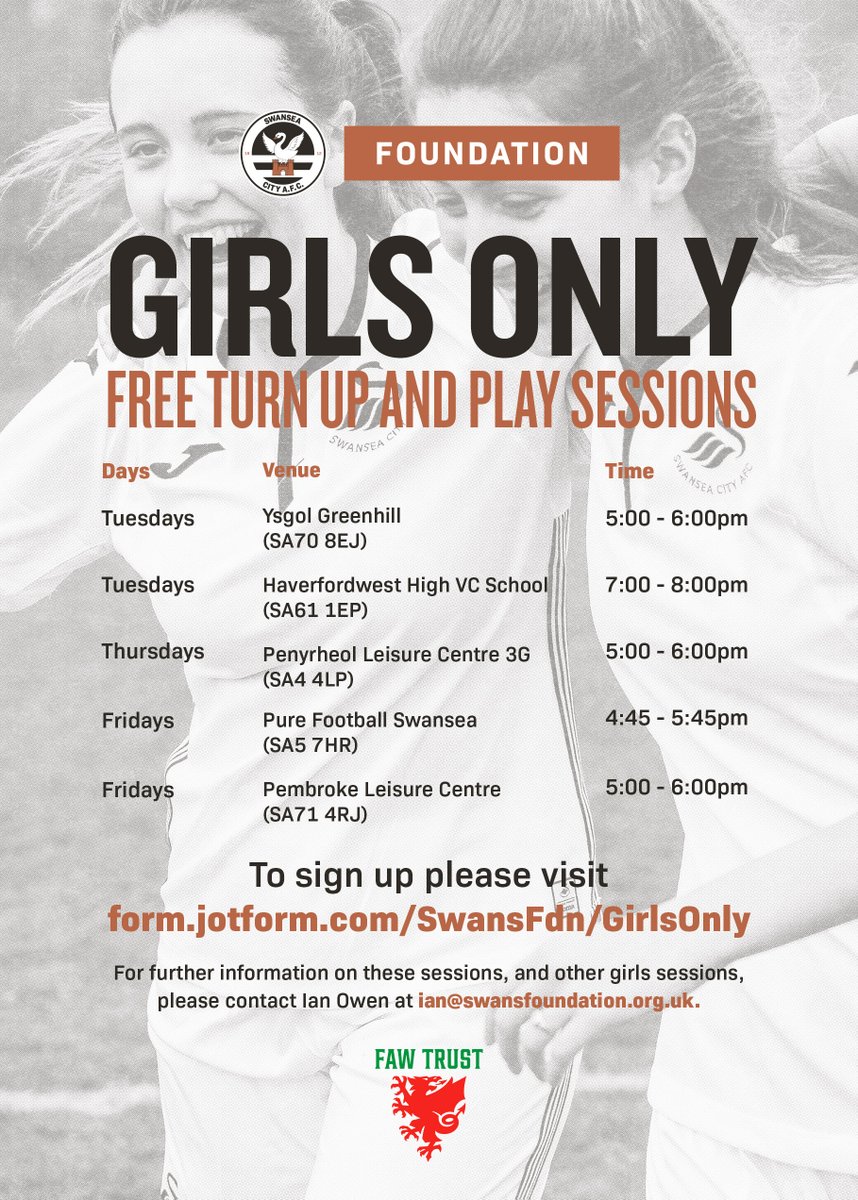 Swansea City AFC Foundation (@swansfdn) on Twitter photo ๐โโ๏ธWe have added sessions at <a href="/PenyrheolLC/">Penyrheol Leisure Centre</a> and Pure Football to our FREE Girls Only turn up and play sessions!
Click here to sign up now๐form.jotform.com/swansfdn/girlsโฆ ๐โโ๏ธWe have added sessions at <a href="/PenyrheolLC/">Penyrheol Leisure Centre</a> and Pure Football to our FREE Girls Only turn up and play sessions!
Click here to sign up now๐form.jotform.com/swansfdn/girlsโฆ