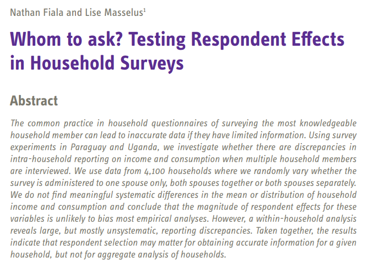 Lise Masselus (@lisemasselus) on Twitter photo New DP w <a href="/NathanFiala/">Narhan Fiala</a> on respondent effects using data from large-scale survey experiments in Paraguay and Uganda. Despite large intra-HH discrepancies, we find no systematic differences in income and consumption across common survey approaches. bit.ly/3nQ9EXB New DP w <a href="/NathanFiala/">Narhan Fiala</a> on respondent effects using data from large-scale survey experiments in Paraguay and Uganda. Despite large intra-HH discrepancies, we find no systematic differences in income and consumption across common survey approaches. bit.ly/3nQ9EXB