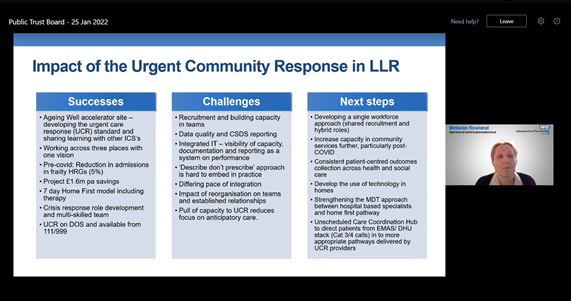 LPTnhs's tweet photo. #LPTboard CEO talks about how the integrated community response service is ground-breaking, and a national patient-centred exemplar that has grown despite the Covid pandemic. They continue to explore new &amp; different ways to build the service and future workforce. @MRowlandPhysio https://t.co/sFM7fFp587