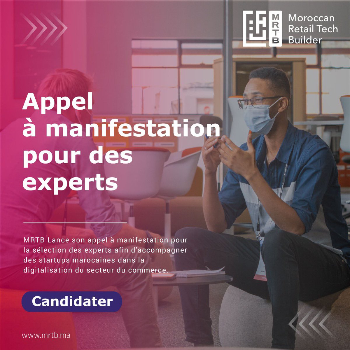 MRTBuilder's tweet photo. (1/2) 📣 appel à manifestation 📣

Dans le cadre de la mise en œuvre de ses programmes d’accompagnement, le MRTB lance un appel à manifestation d’intérêt qui vise à lui affilier des experts et mentors dans le secteur du retail et accompagnement 360 des startups. https://t.co/bRUSVQqz7R